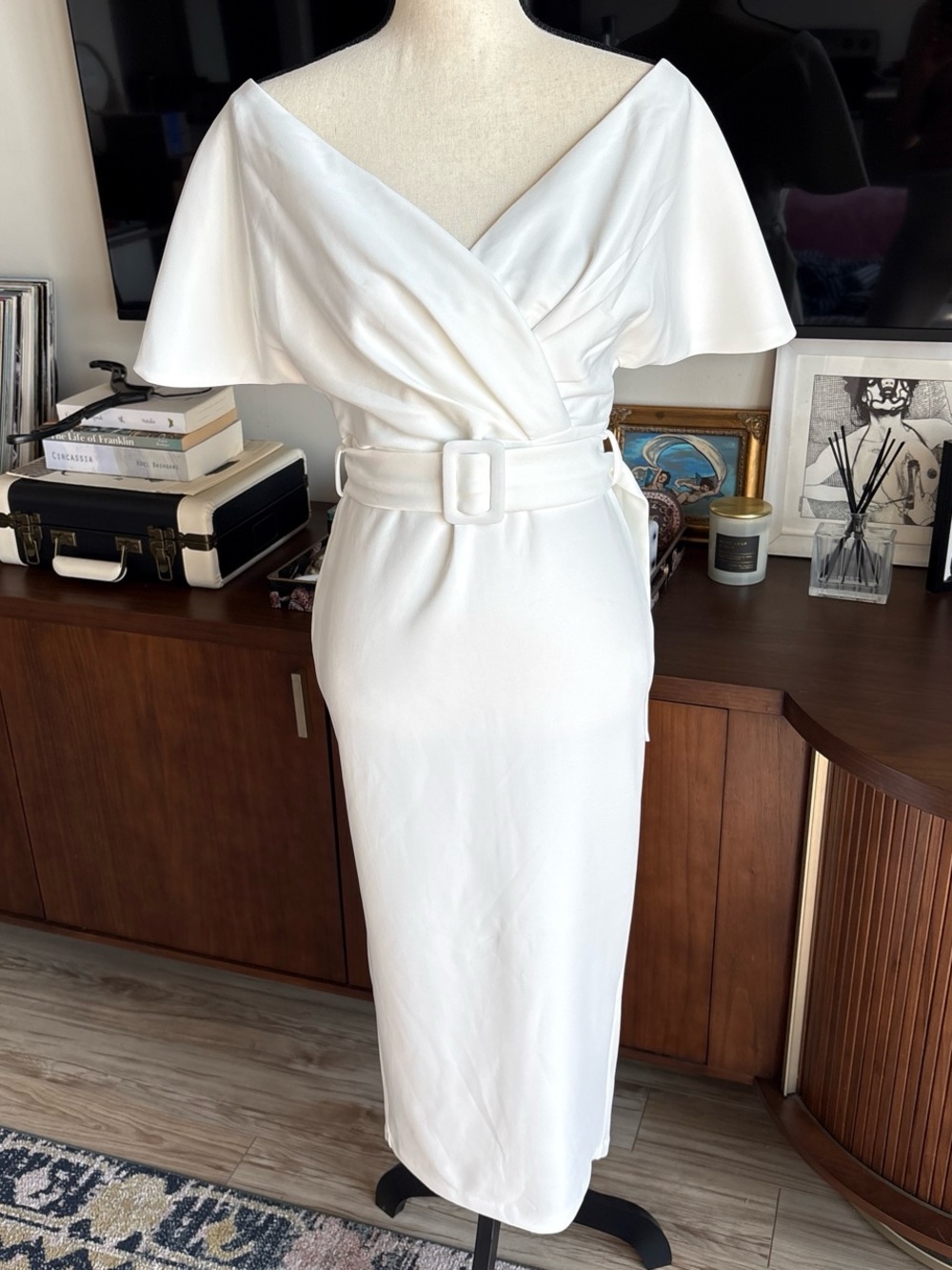 Off-Shoulder White Belted Midi Dress